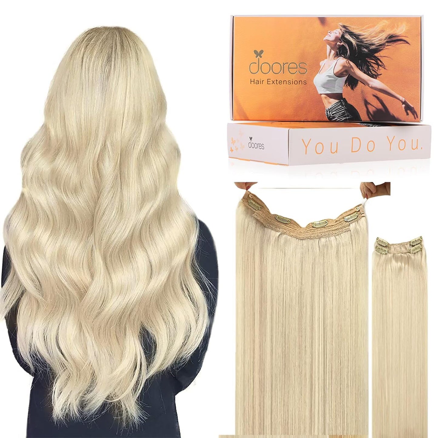 DOORES Wire Hair Extensions, Platinum Blonde 16 Inch 95g Fish Line Weft Extensions and 2pcs 30g Clip ins, 125g Invisible Wire Re