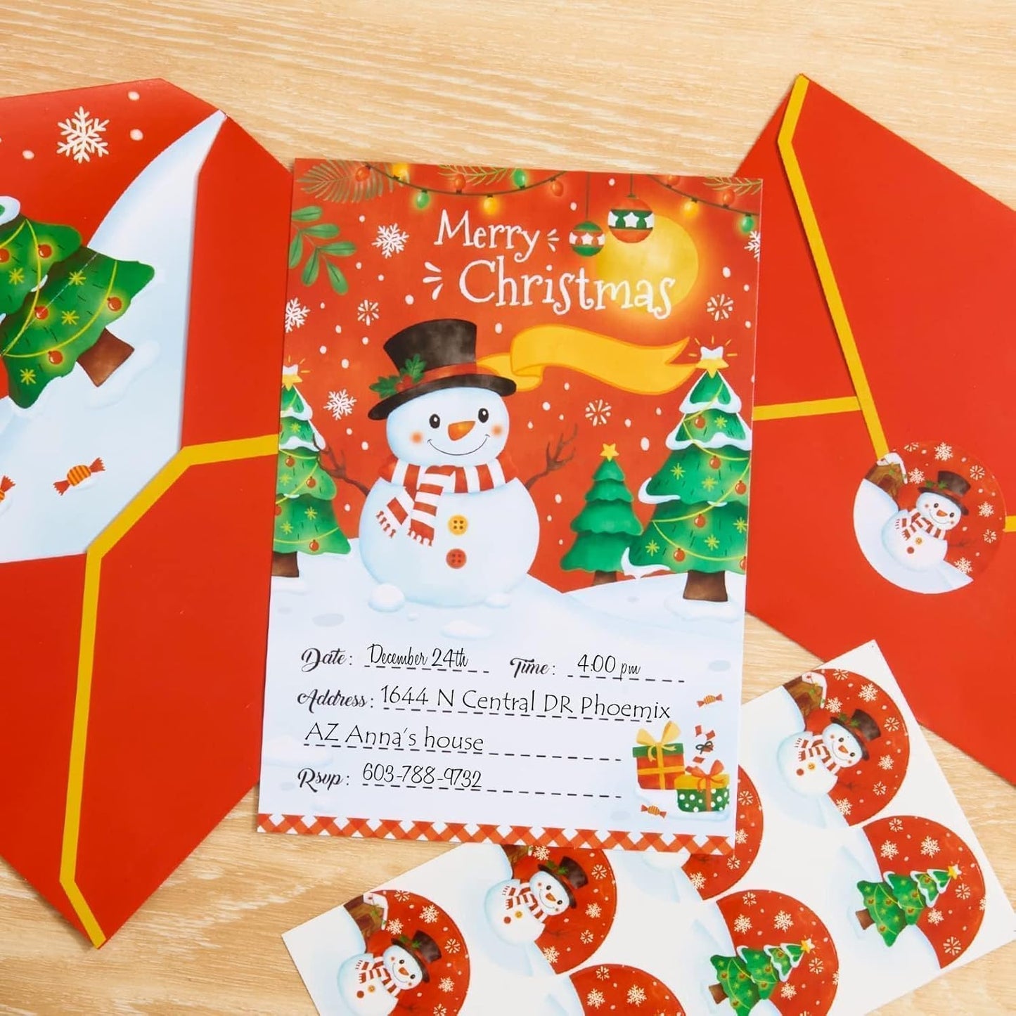 WERNNSAI 24 Pack Christmas Party Invitations - Christmas Snowman Invitation Cards with Envelopes Stickers for Kids Red Xmas Invites for Christams Holiday Winter Party Supplies with Snowman Design