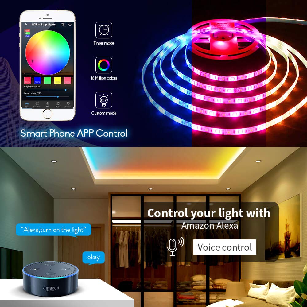 GIDERWEL RGBW LED Strip Light 16.4ft SMD5050 Flexible 12V Dimmable Color Changing Tape Light Model ZC05M