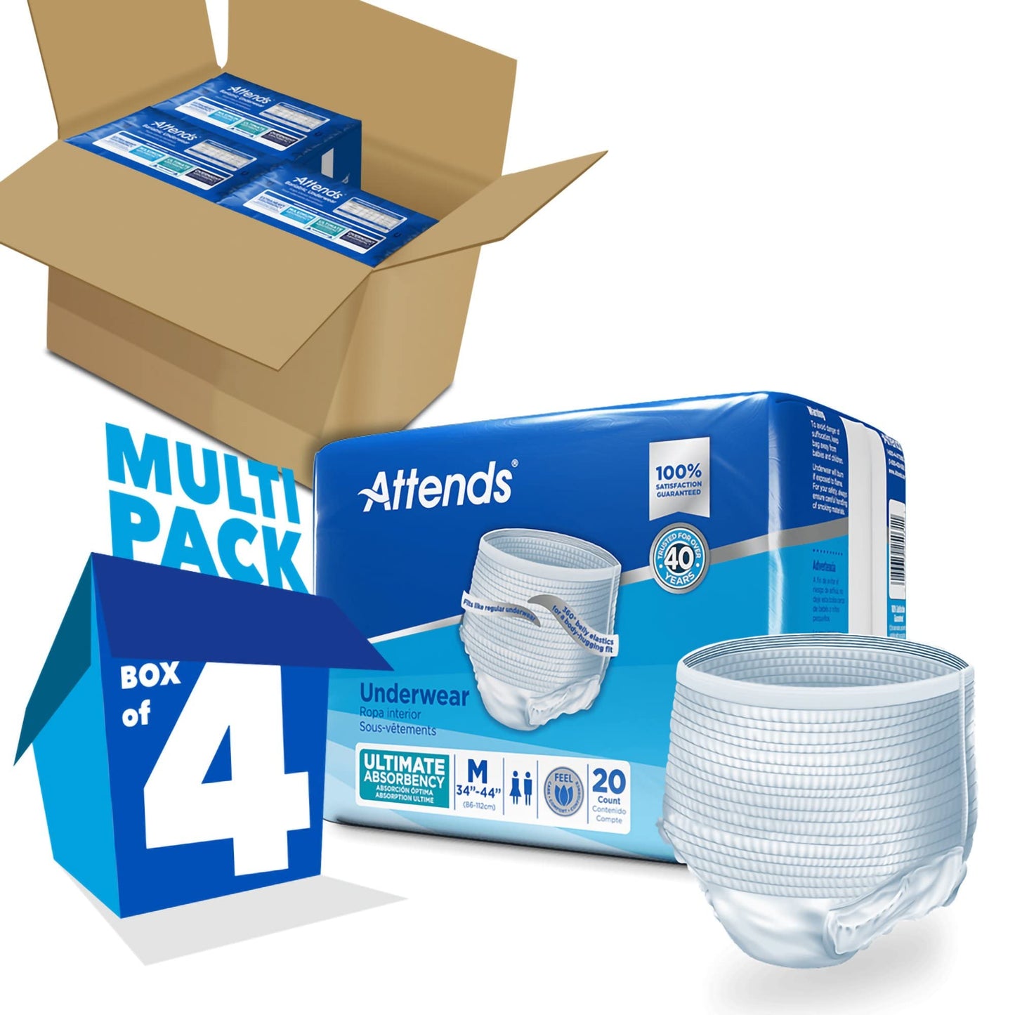 Attends Underwear for Adult Incontinence Care with Quick-dry Channels, Ultimate Absorbency, Unisex, Medium, 20 Count (x4)