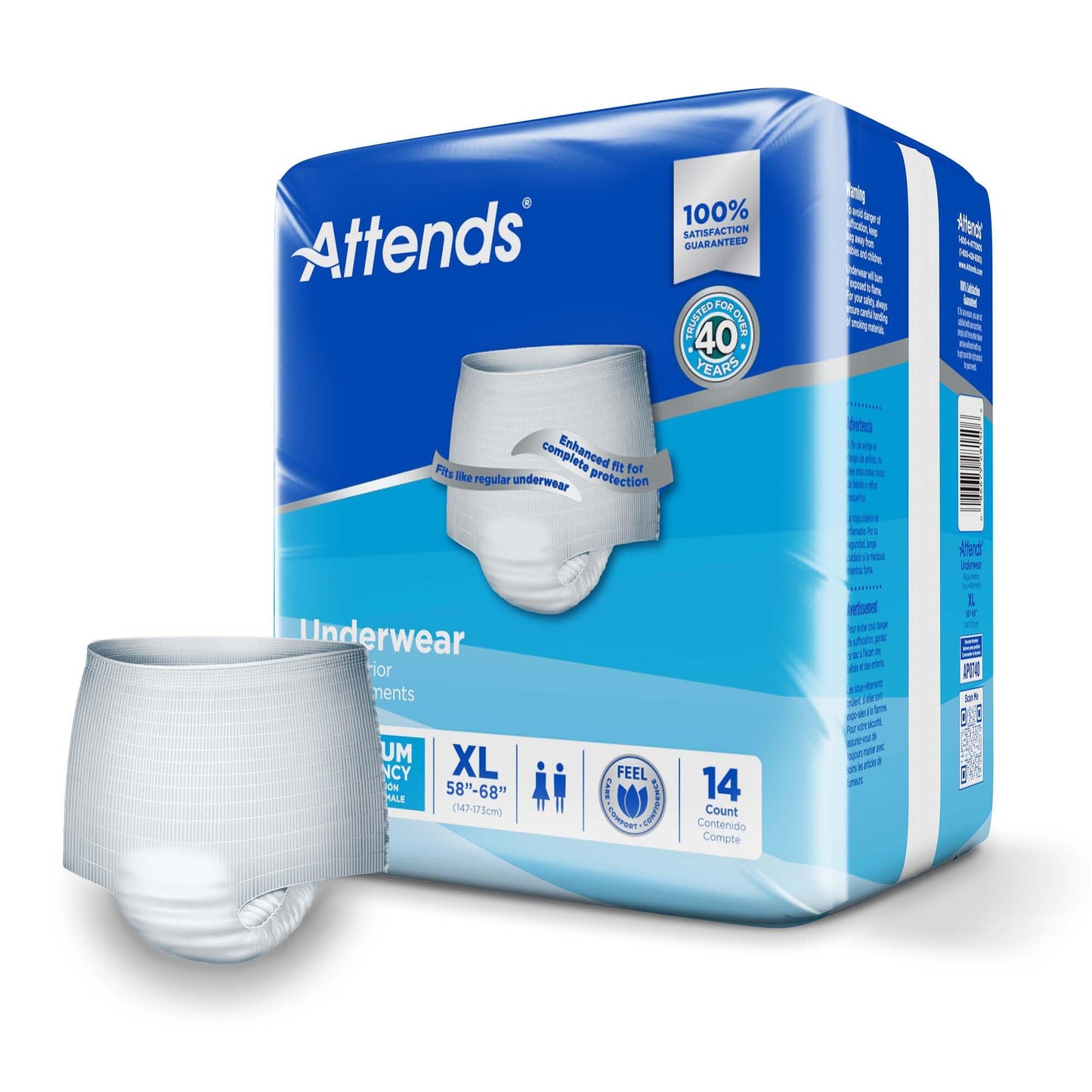 Attends Adult Absorbent Underwear, X-Large [14 Count] - Maximum Absorbency for Men and Women - Disposable Pull-On Diapers with Tear-Away Sides and Breathable Waistband - AP0740
