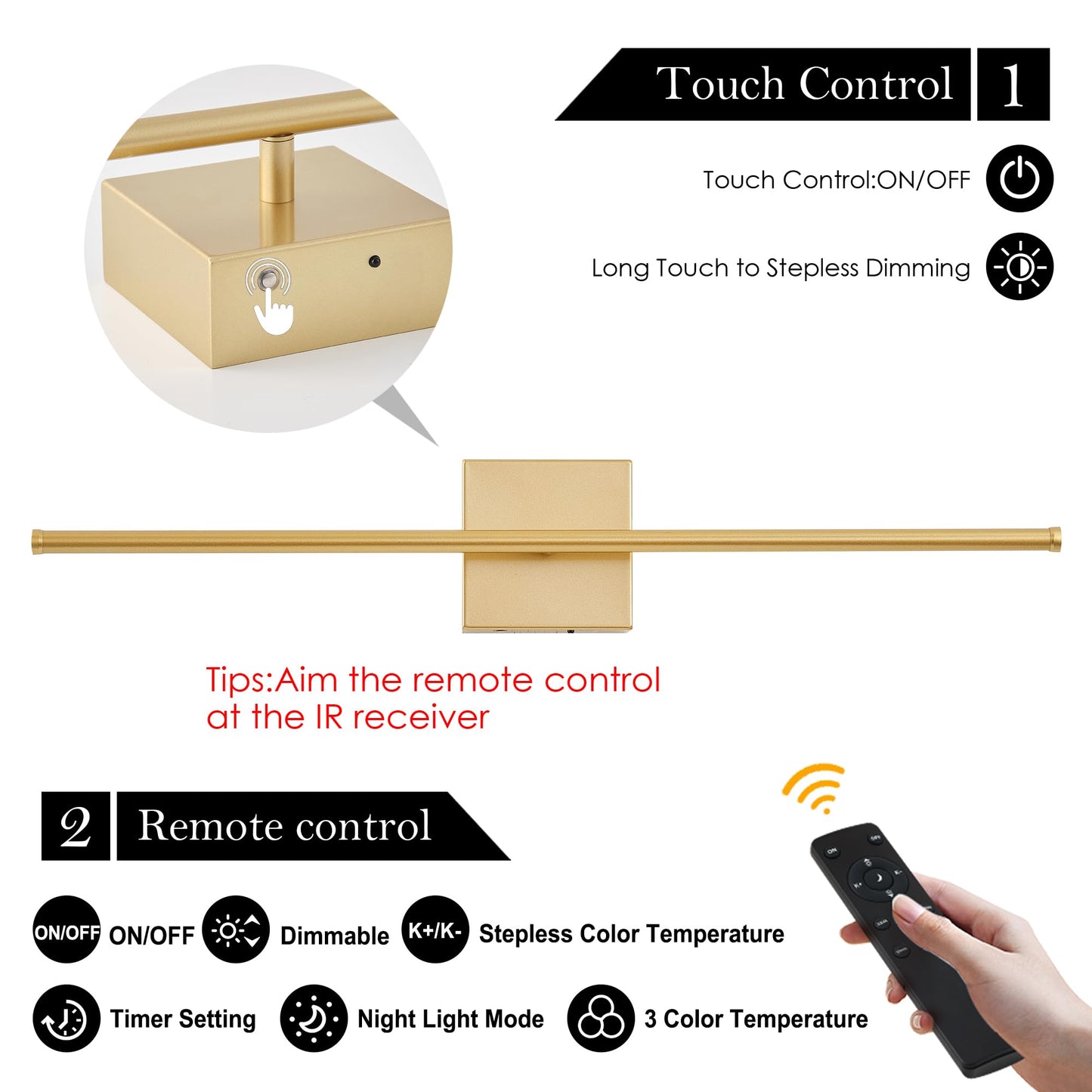 KARTOOSH Wall Sconces, Battery Operated, Remote Control, 3000K-6000K Dimming, 32.2 Inch, Gold, Model ZM321BGD