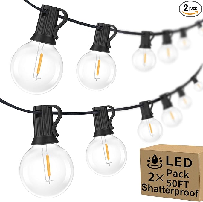 100ft 2-Pack Outdoor G40 LED Globe String Lights Dimmable Waterproof Shatterproof Light Strings with 52 Bulbs Connectable ...