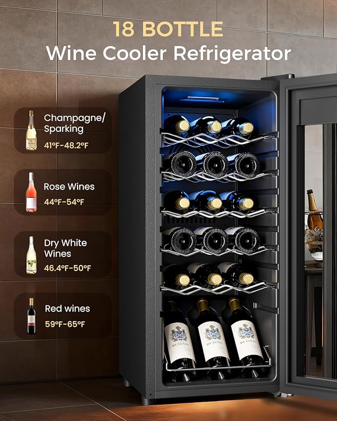 18 Bottle Compressor Wine Cooler Refrigerator - 1.58 Cu.Ft Freestanding Wine Cellar for Red, White, Champagne, Small Wine Fridge with Glass Door & Adjustable Temperature for Home Bar, Office