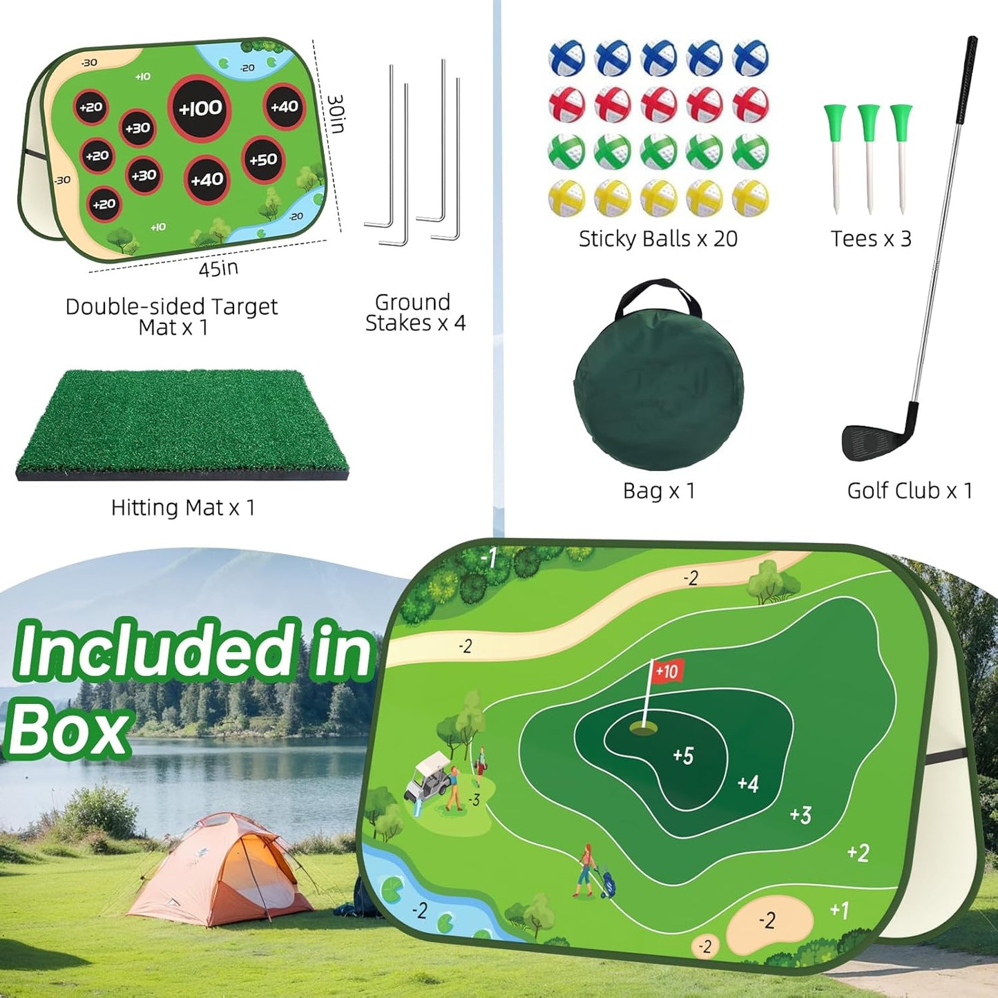 Golf Chipping Game Set - Double-Sided Sticky Golf Game with Club,Turf Mat, 20 Sticky Balls & 3 Tees, Portable Yard Golf Game for Indoor Outdoor Golf Practice Mat, for Men & Golf Lovers
