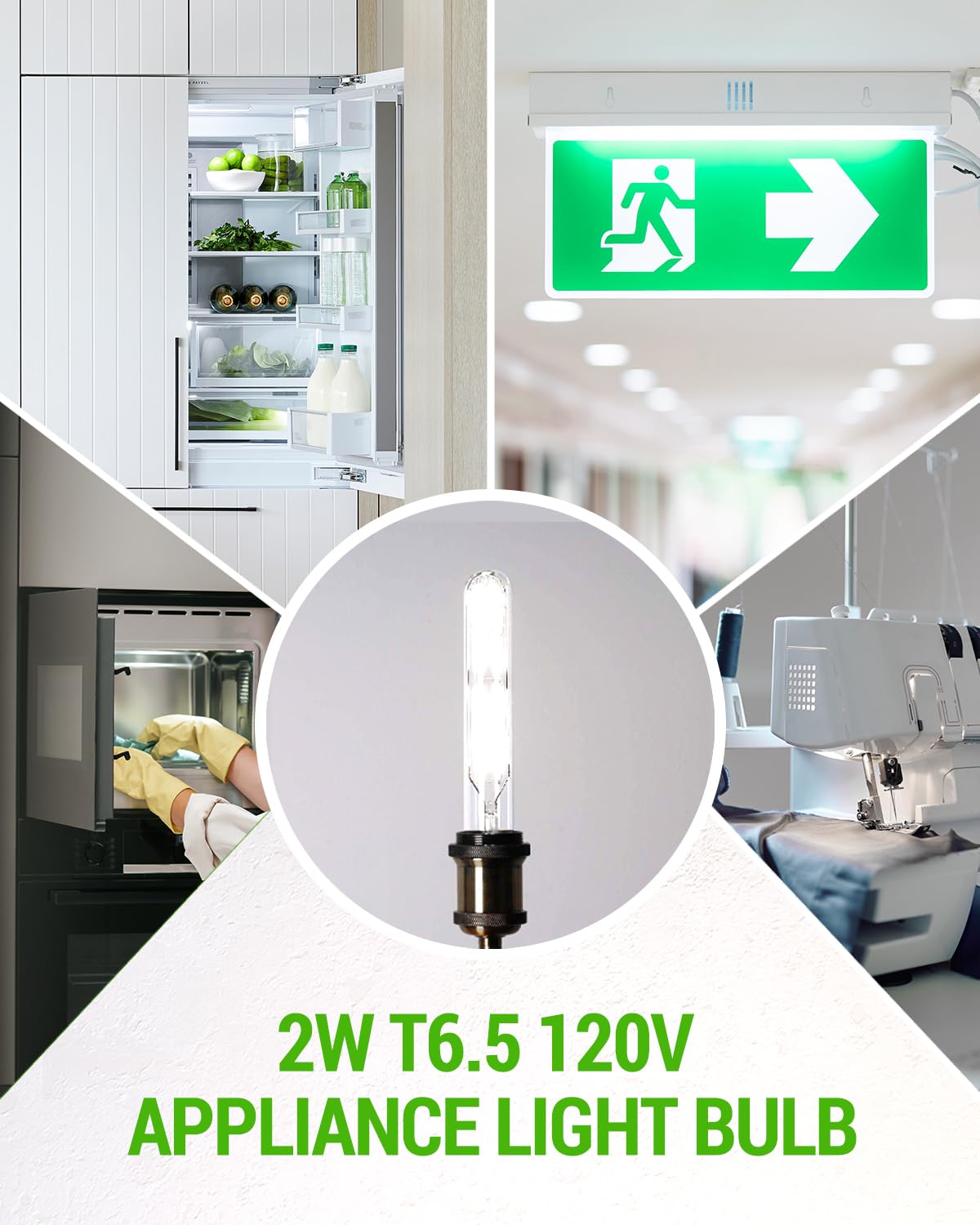 Tobebright T6.5 Led Exit Sign Light Bulbs 2W Refrigerator Light Bulb 20W T6.5 120V Intermediate Base E17 Clear Appliance Bulb Equivalent For Refrigerator Freezer Daylight 6000K(2-Pack)
