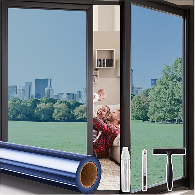 Coavas One Way Privacy Window Film,Daytime Window Tint for Home, Reflective Mirror Glass Window Film See Out Not in,Heat UV Blocking Anti-Glare Window Covers with 3 Tools, 23.6 x 157.5 Inch, Blue