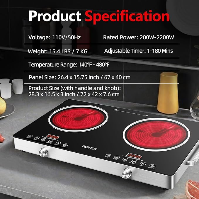 2 Burner Electric Cooktop, 2200W+2200W 110V Electric Double Burner with 3H Timer, Adjustable Temperature for Countertop Cooking, Portable Stove Top Infrared Cooker, Compatible for All Cookware