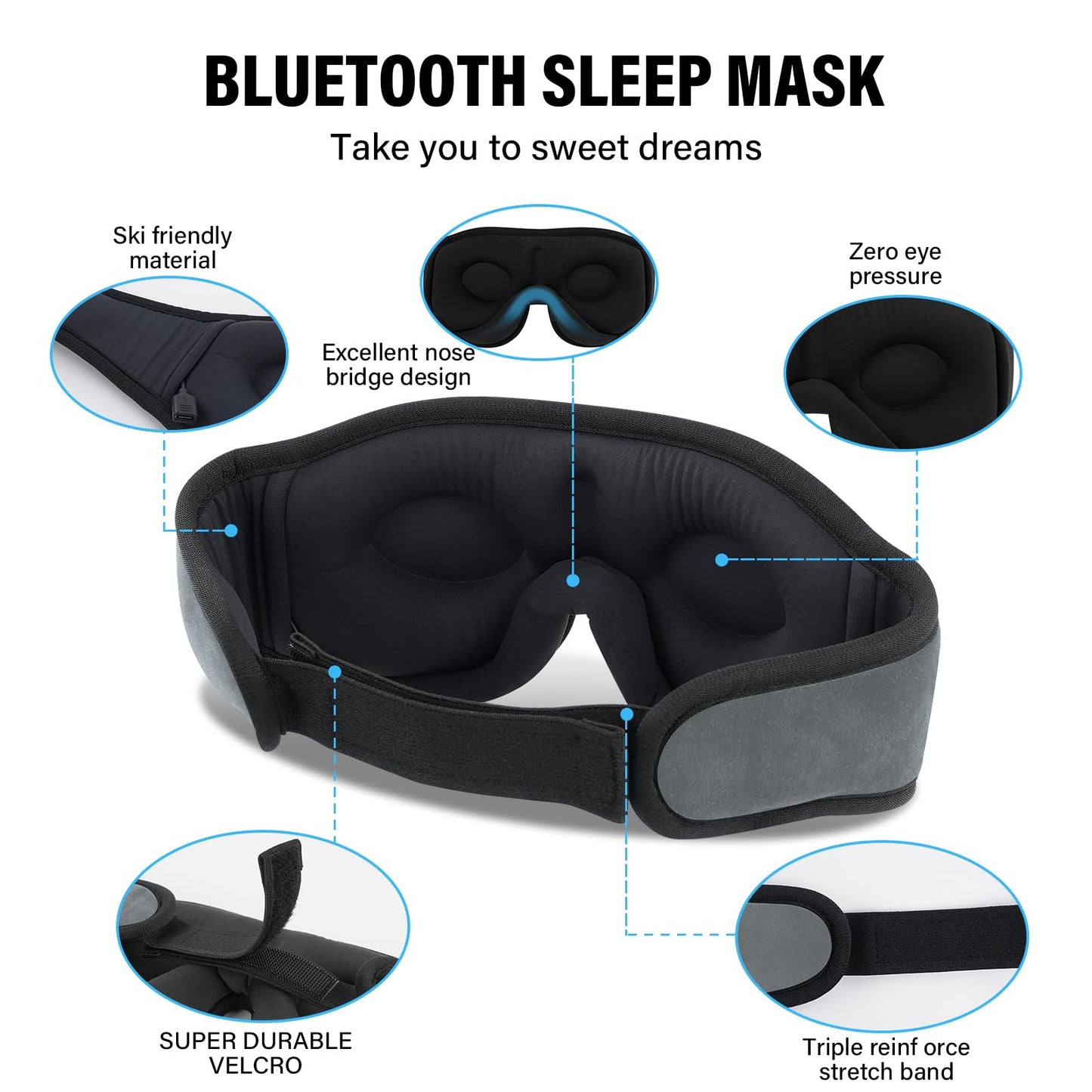 Sleep Mask with Bluetooth Headphones,3D Sleep Mask Wireless Music Eye Mask for Side/Supine Sleepers, with Slim Stereo Speakers,Bluetooth Sleep Headphones,Perfect for Sleeping,Gifts for Women/Men Grey