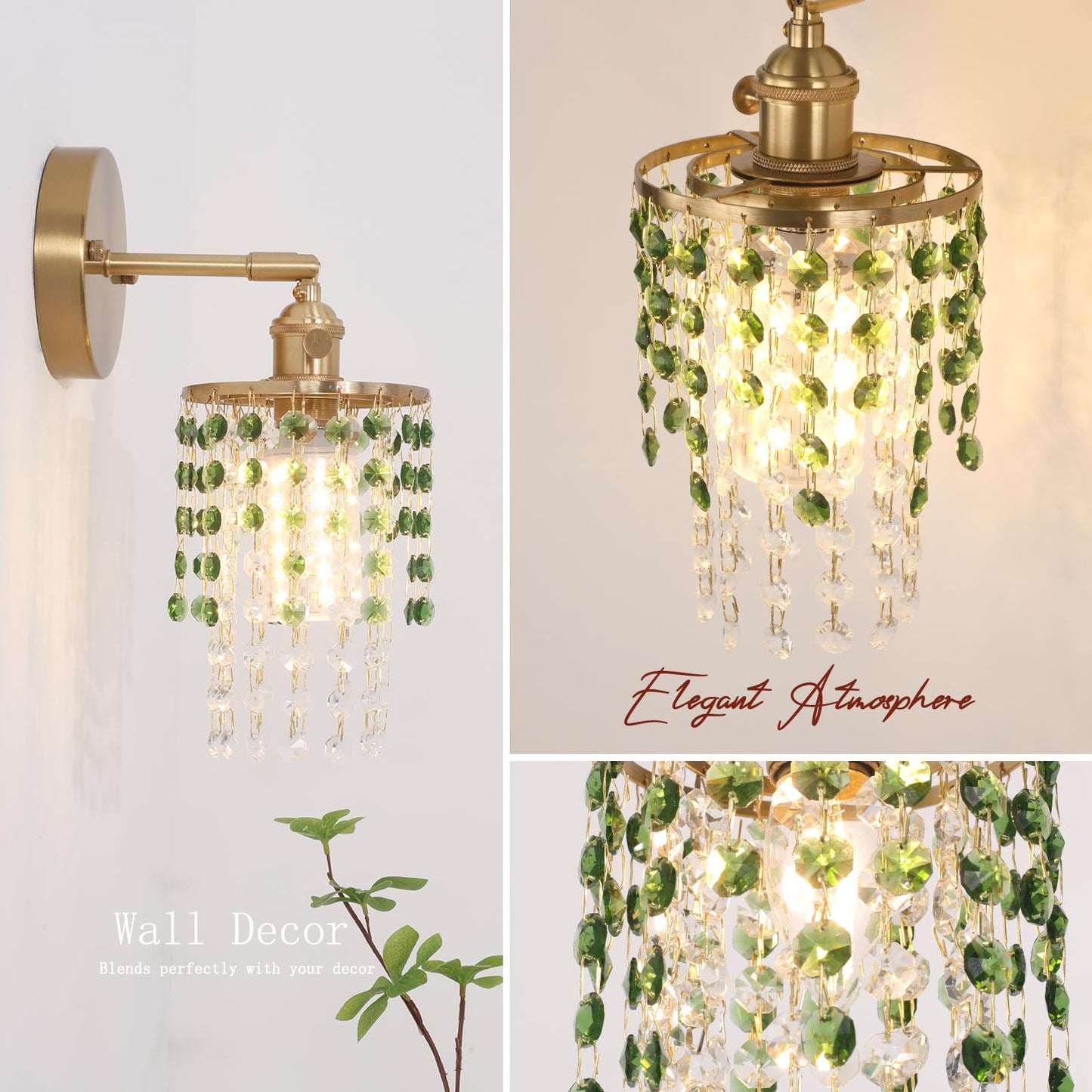 Shenmoyl Crystal Wall Sconce Set of 2, Rechargeable 5400mAh, Dimmable Wireless Lights, Green-Gold Base, Model 1-73136-wlamp