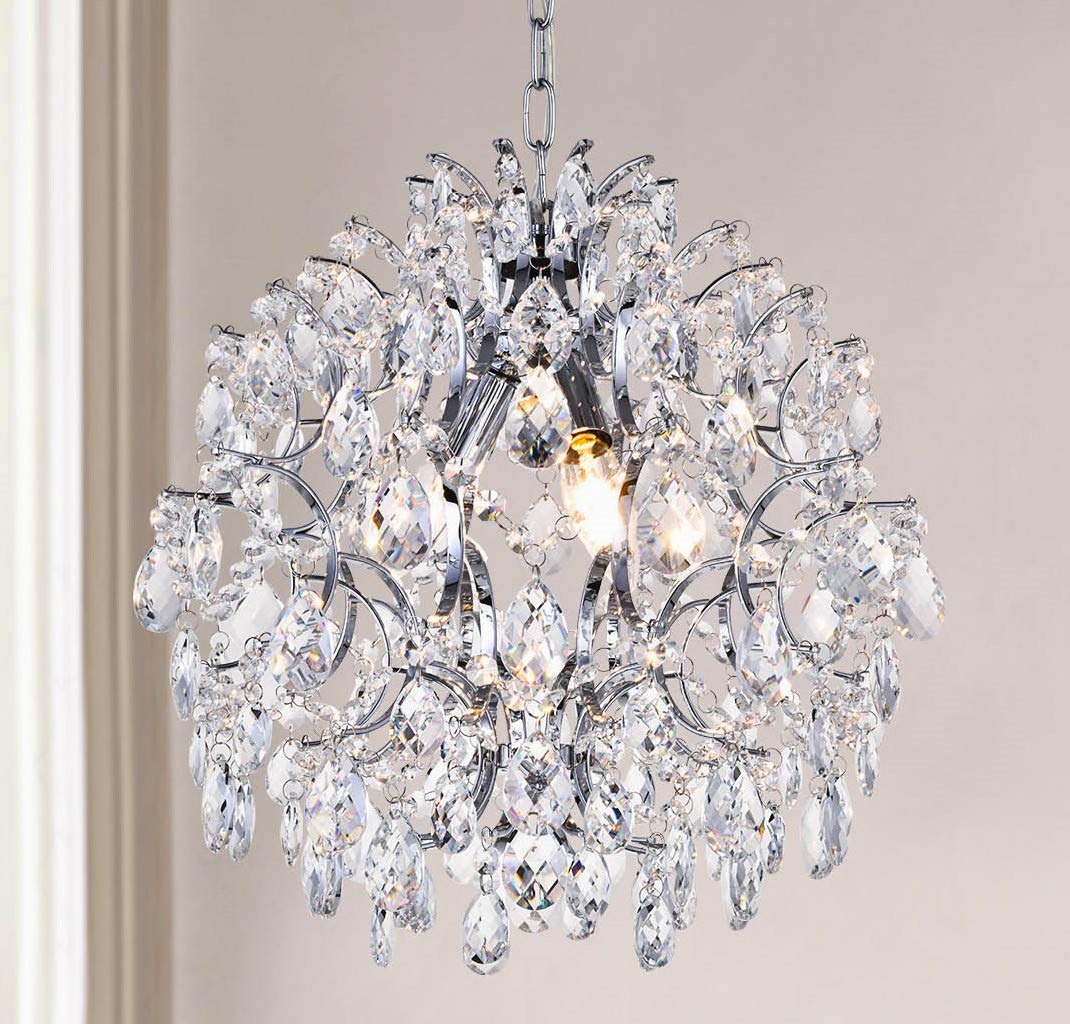 Bestier Modern Pendant Chandelier, Crystal Raindrop Design, 16 D X 18 H, Chrome Finish, 3 E12 Bulbs Required, Ideal For Dining Room, Bedroom,