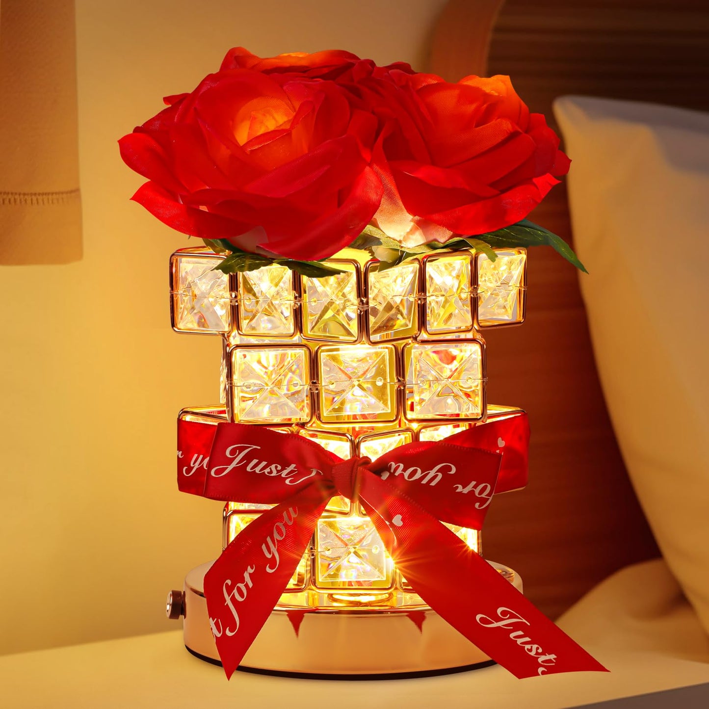 Rose Flower Table Lamp Gifts: For Women/MotherS Day/Mom/Grandma/Sister/Girlfriend  Battery Powered Small Night Light For Kitchen Bedroom Office Decor Rechargeable Cordless Touch Crystal Lamp