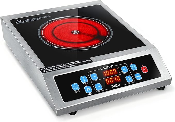 Dual Coils Design of Stainless Steel Single Burner Electric Cooktop, 1800W Commercial Ceramic Infrared Cooking Hot Plate, 12 inch Portable Countertop Radiant Stove Top Cooker with WATT n TEMP Control
