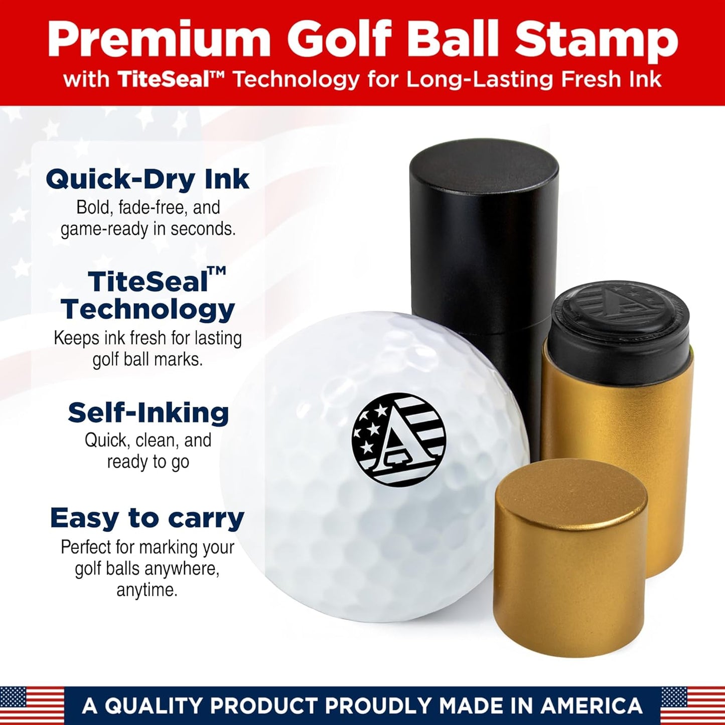 Personalized Golf Ball Marker with TiteSeal™ Technology - Gold Case - Metallic Box with Golf Ball Stamp + Refill Ink Bottle Bundle