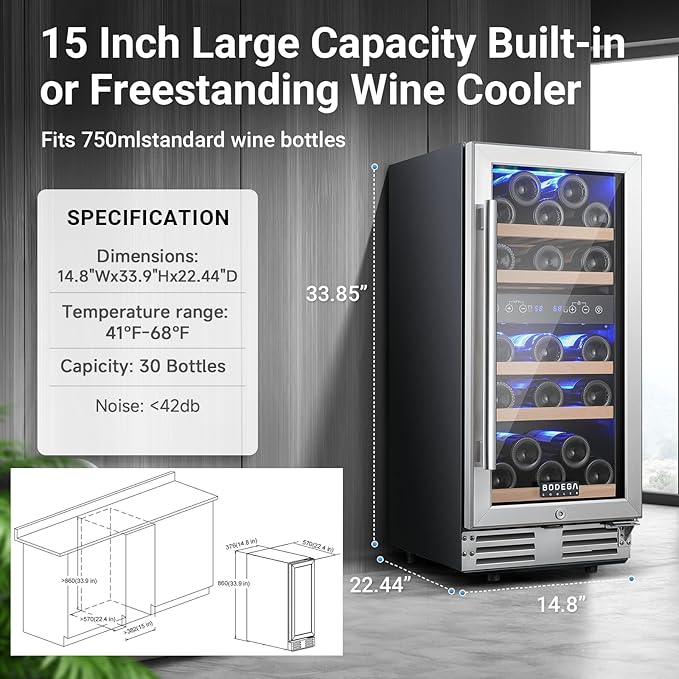 BODEGA 15” wine cooler, Dual Zone Wine Fridge With Double-Layer Glass Door, Built In or Freestanding Wine Cooler Refrigerator With Stainless Steel Handle, 30 Bottles Wine Fridge. Gift for Christmas.