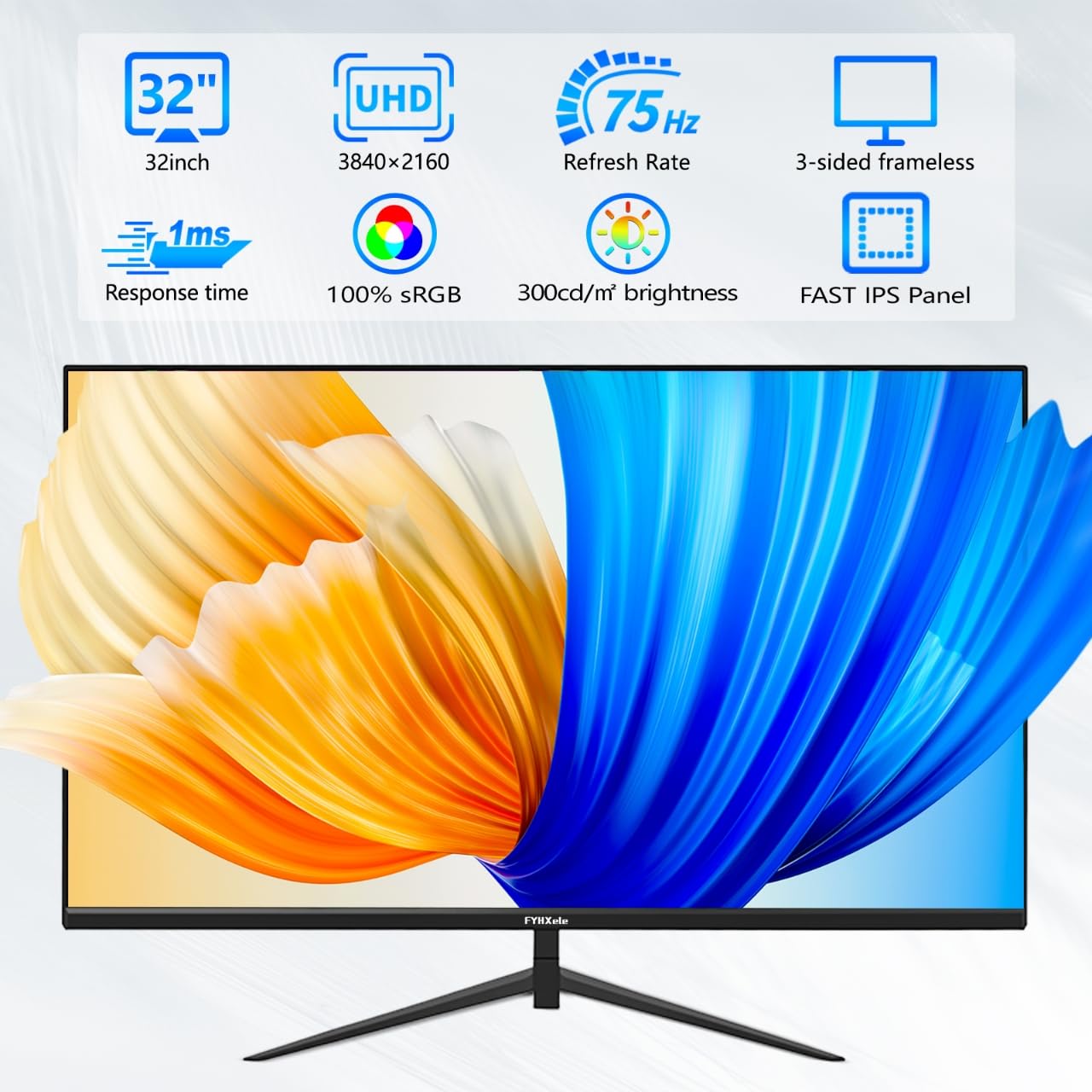 32 Inch 4K UHD 3840 * 2160 Computer Monitor 75hz 1MS, IPS Monitor for Design, Casual Gaming, Work, Ultra-Slim Bezel Monitor Support Adaptive-Sync,100% sRGB,HDR,2X DP & 2X HDMI, VESA 100 * 100mm