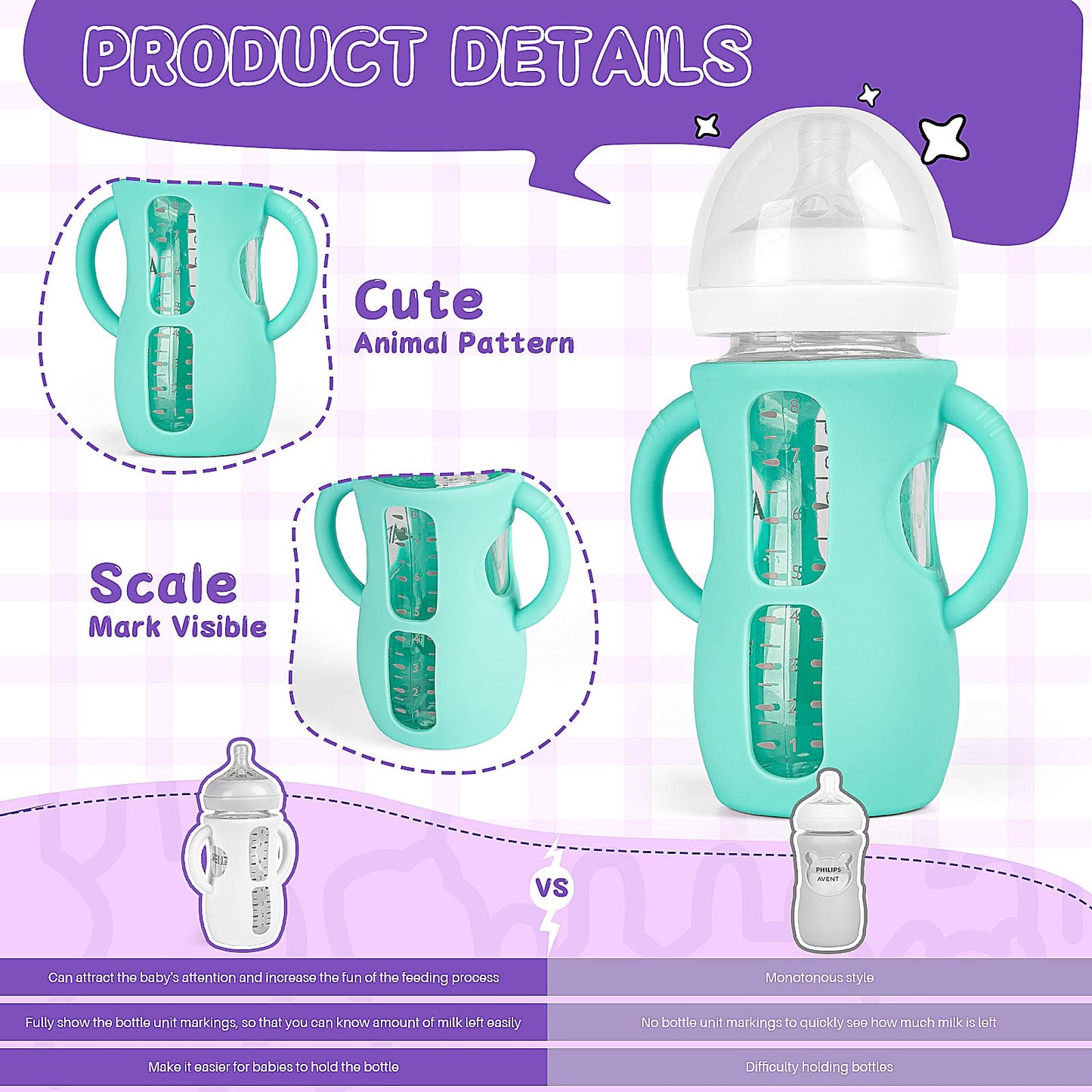 Desing Wish 4 Pack 8oz Silicone Sleeves with Handles for Avent Glass Natural Baby Bottles, Anti Breakage Protective Sleeves Compatible with Philips Avent Glass Baby Bottle 8 oz - Standard