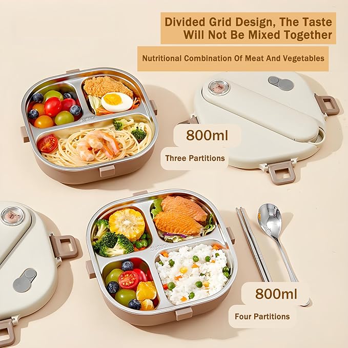Stainless Steel Bento Box, 800ml Leakproof Lunch Box, Easy To Open And Close, Food Storage Container For Outings, Picnics, And Travels (3 Compartments)