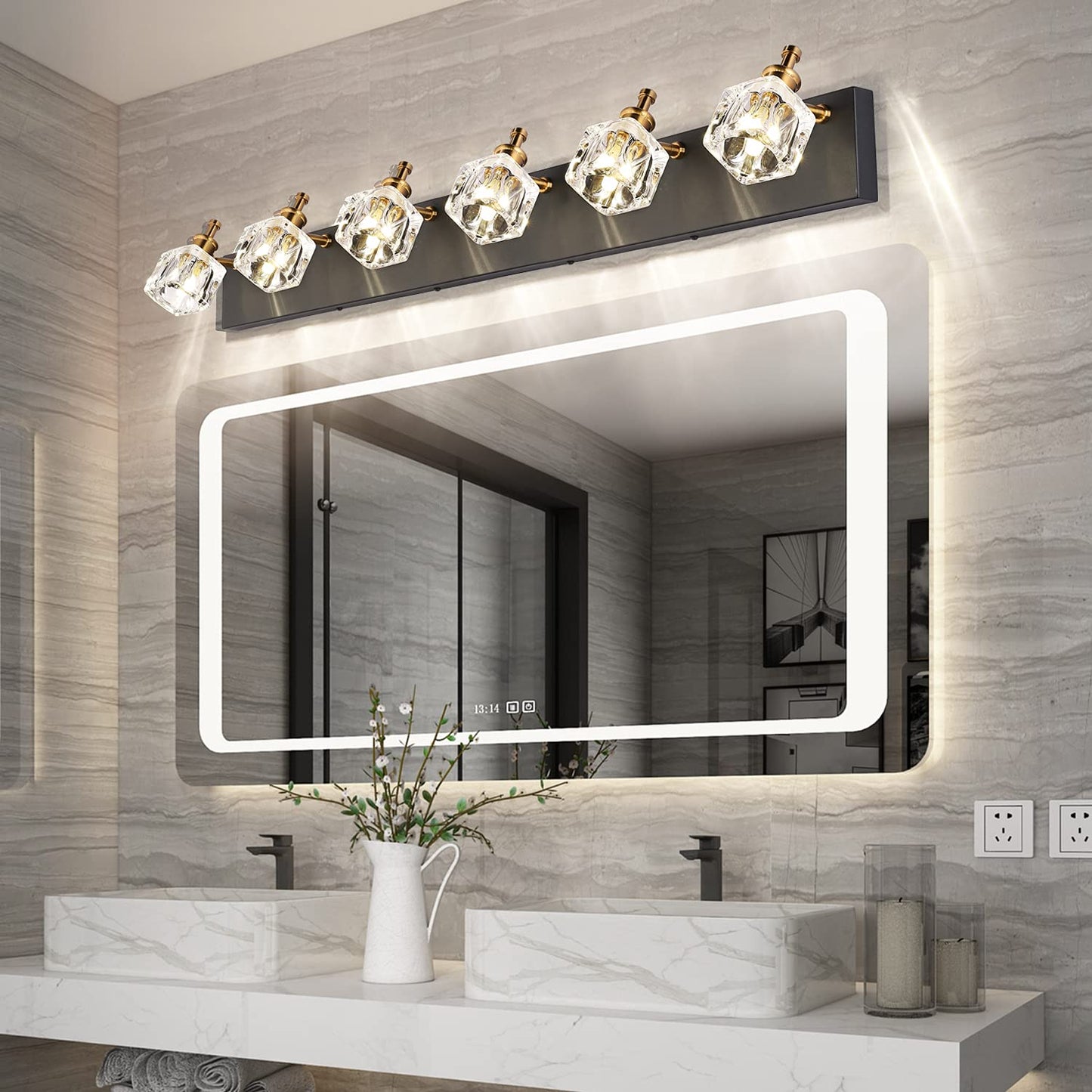 Presde 6-Light Modern Crystal Vanity Lights, Black & Gold, Metal, Model 7770-6T, Bathroom Lighting Fixtures Over Mirror