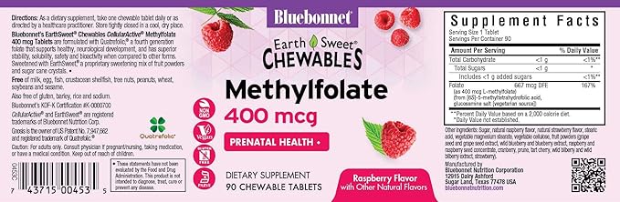 Bluebonnet EarthSweet Methylfolate 400 mcg Cellular Active Coenzyme 5-MTHF L Methyl Folate Supplement - Prenatal & Energy Support* - Non-GMO, Vegan, Gluten-Free - Raspberry - 90 Chewable Tablets