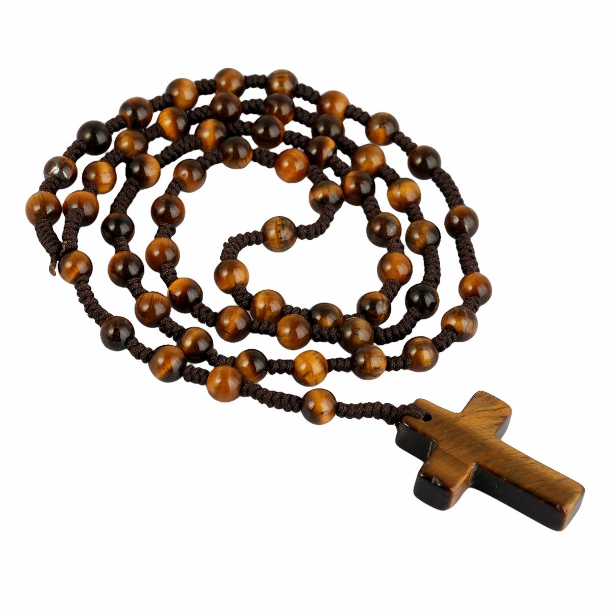 TUMBEELLUWA Tiger's Eye Stone Cross Pendant Beaded Necklace for Men Women, Catholic Rosary Hand Knotted Necklace
