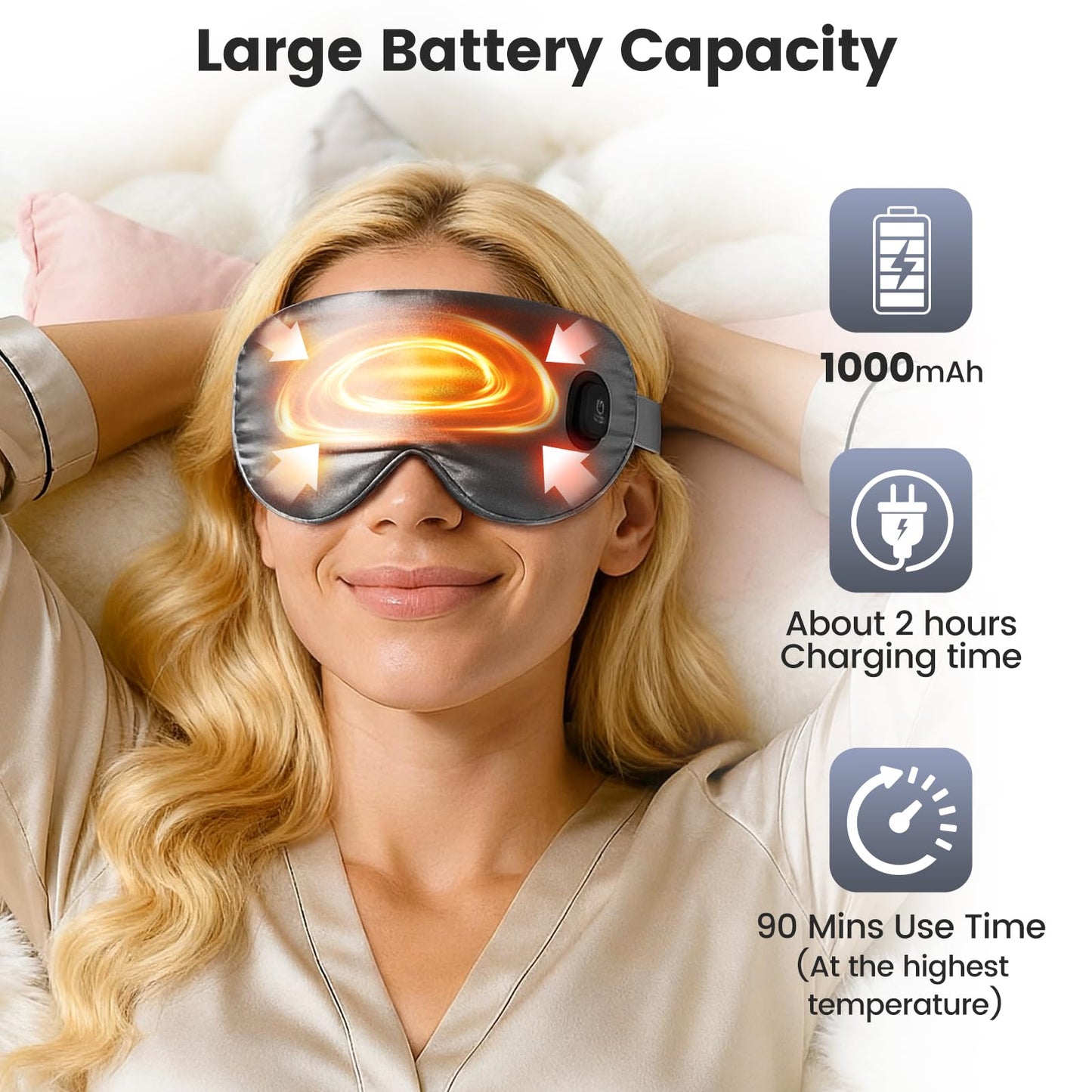Cordless Heated Eye Mask for Dry Eyes, Blocking Light Warm Compress Rechargeable, 1000mAh Electric Eye Heating Pad for Sleeping, Washable Silk Heat Sleep Mask with 3 Temperature Settings, Grey