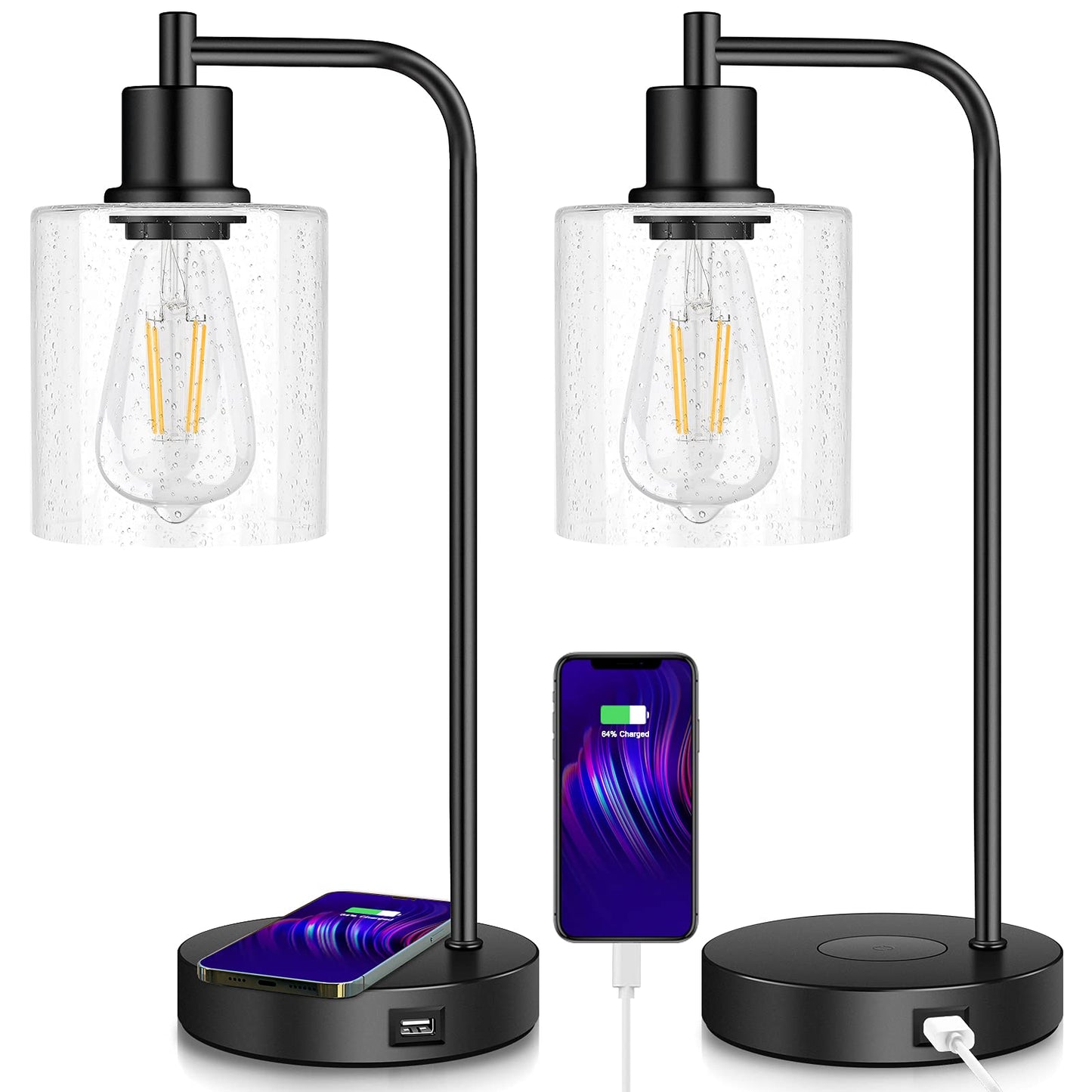 Bosceos Industrial Table Lamp Set of 2, 3-Way Touch Control, Dimmable, Metal, Black, USB Port, Model YC-TL-JBS-002, Bulb Included