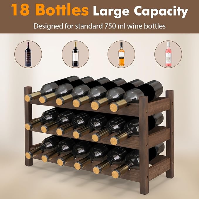 Giantex Bamboo 3-Tier 18-Bottle Wine Storage Cabinet Shelf, Countertop Wine Rack for Kitchen, Bar, Pantry & Wine Cellar, Coffee