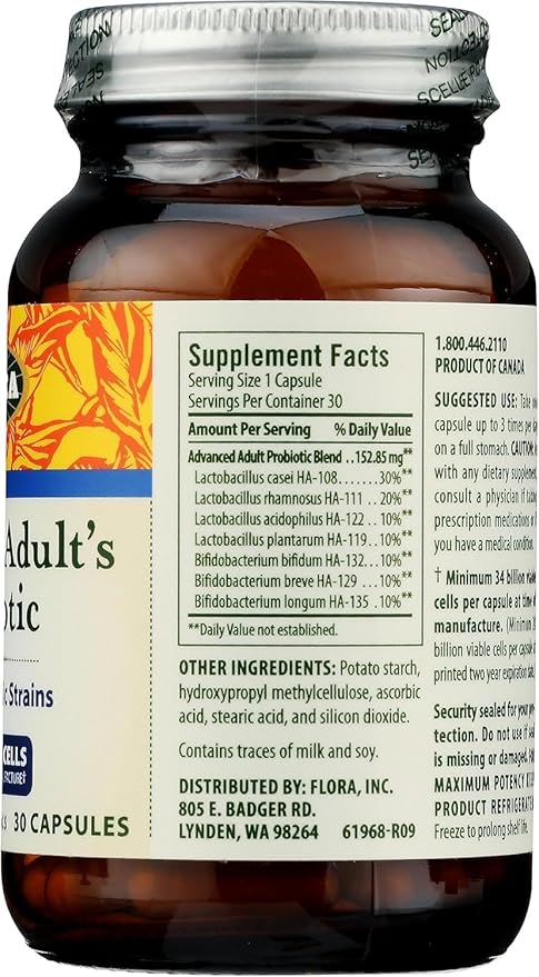 Flora - Advanced Adult's Blend Probiotic, Seven Senior-Specific Strains, Gluten Free, Raw Probiotic with 34 Billion Cells, 30 Capsules