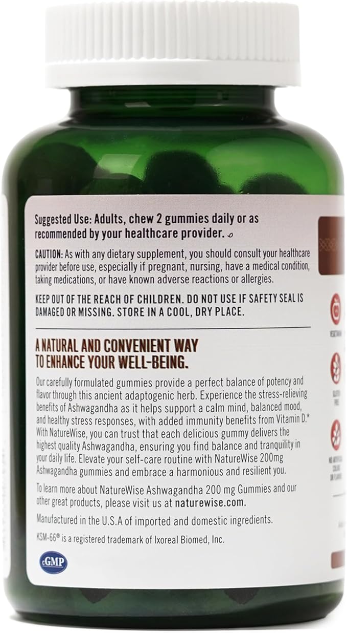 NatureWise Ashwagandha Gummies - Strawberry Kiwi - KSM-66 with Vitamin D3 - Calming Mood Support - Vegetarian - Non-GMO, Gelatin and Gluten Free - 60 Count[1-Month Supply]