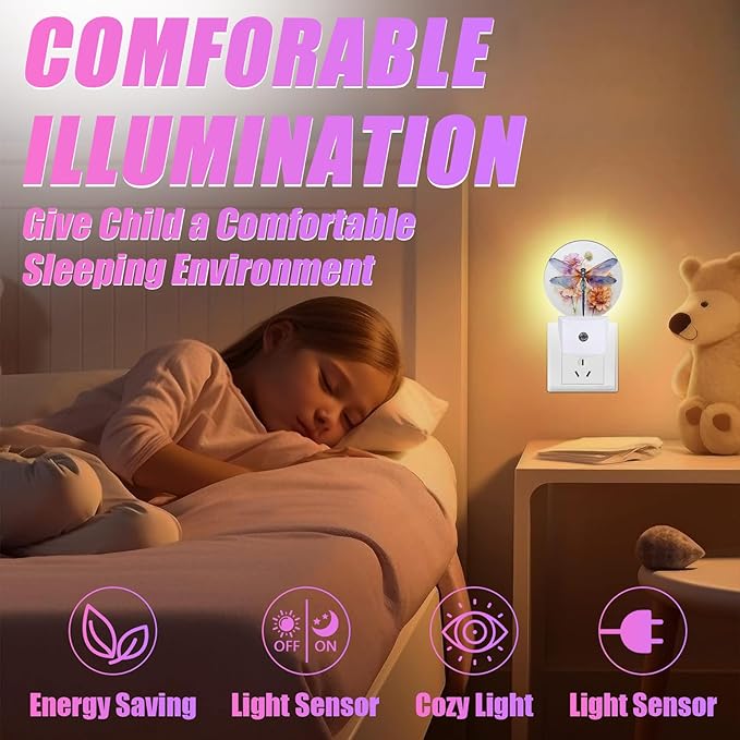 Dragonfly Night Light Watercolor Floral Night Lights LED Lamp Round Plug into Wall Nightlight with Dusk to Dawn Sensor Home Hallway Stairway Kitchen Decor