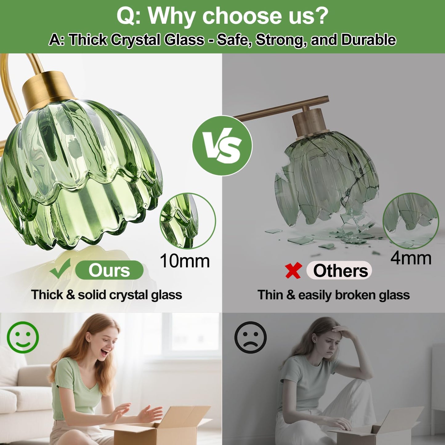 Meybiok 2-Pack Brushed Gold Bathroom Vanity Light, Single-Head Wall Sconce with Ribbed Green Tulip Glass Shade, Vintage Bathroom Light Fixtures for Bedroom, Hallway & Bedside (Bulbs Not Included)