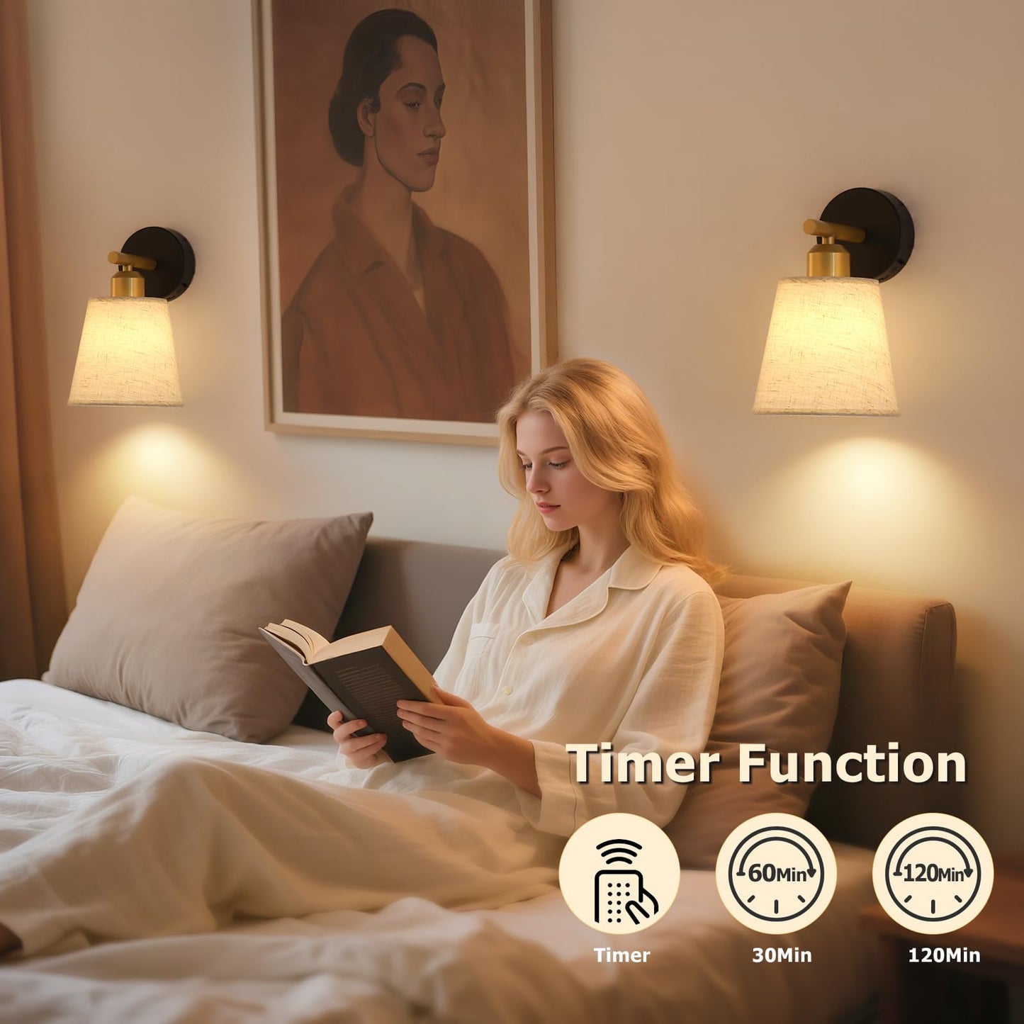 Joosenlux Battery Operated Wall Sconce Set Of 2 With Fabric Shade - Rechargeable Cordless Wall Lamps  Remote Control  Dimmable Led  Black And Gold  Modern Decorative Accent Light