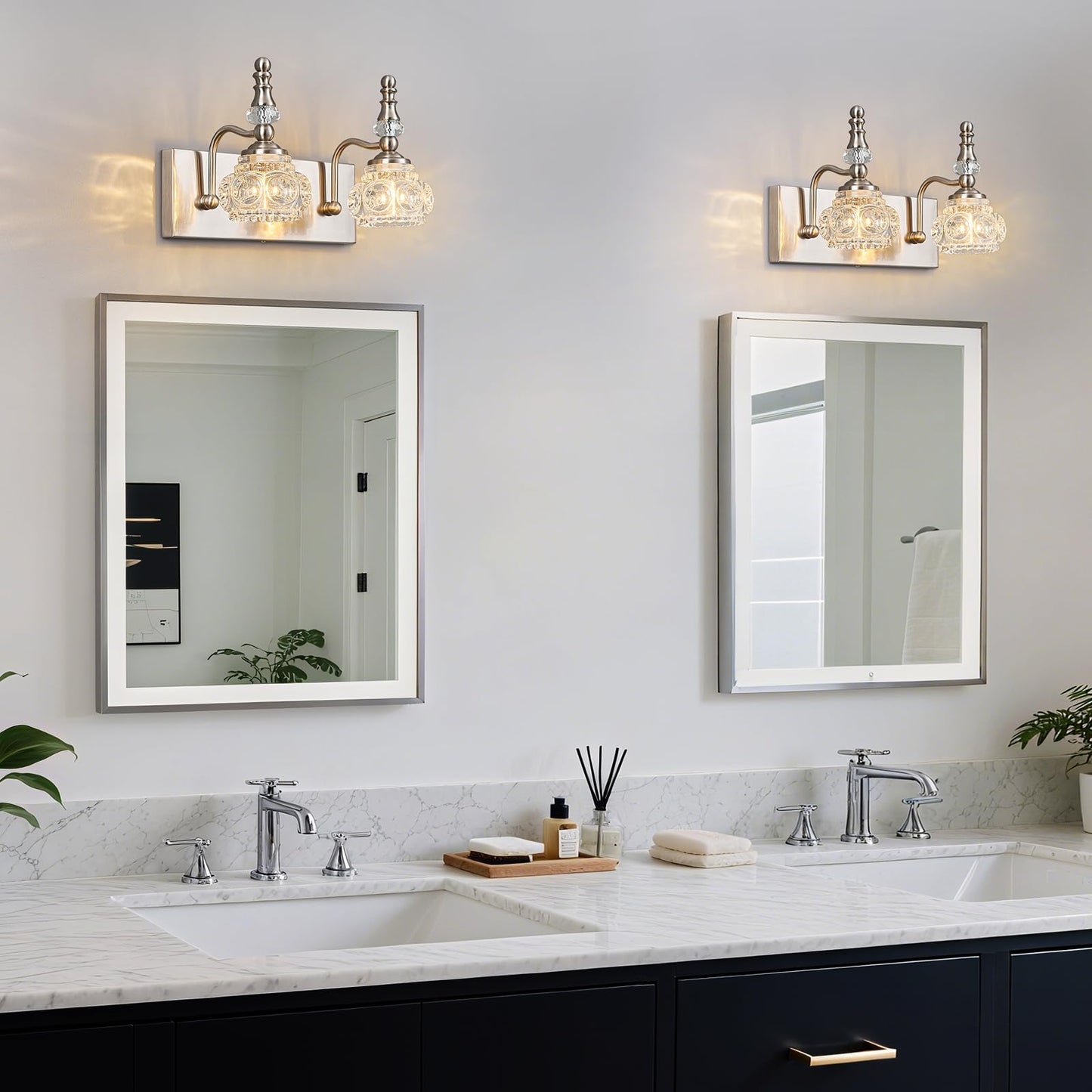 Lbsqj Modern Glass Crystal Vanity Light - Vintage Bathroom Lighting Fixtures Over Mirror  2 Light Vanity Lights G9 Bulb (11.81 Inch  Nickel)