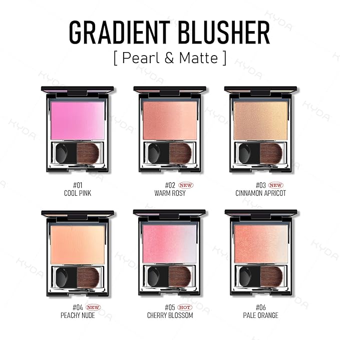KYDA Pink Shimmer Blush, Gradient Cool Purplish Pink Color, Micro-fine Pearl Powder Blush, Soft Buildable Cheek Color, Lightweight Smooth, Multiuse Blusher Makeup Compact