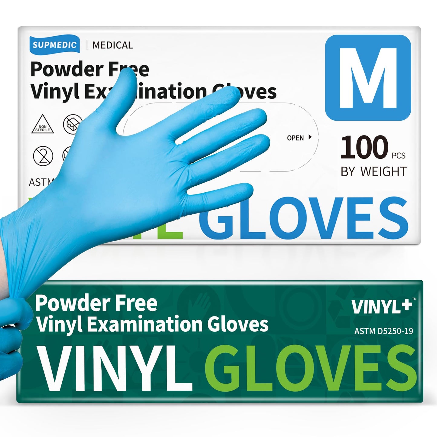 Supmedic Vinyl Disposable Exam Gloves, 4 Mil Powder-Free Latex-Free Food Grade Cooking Cleaning Medical Glove, Blue 100 Pcs (Medium)