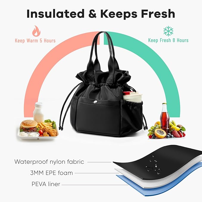 Yarnic Lunch Bag Women Insulated Lunch Bags,Cute Reusable Lunch Box Stain-Resistant Lunchbox with Water Bottle Holder for Adult (black)