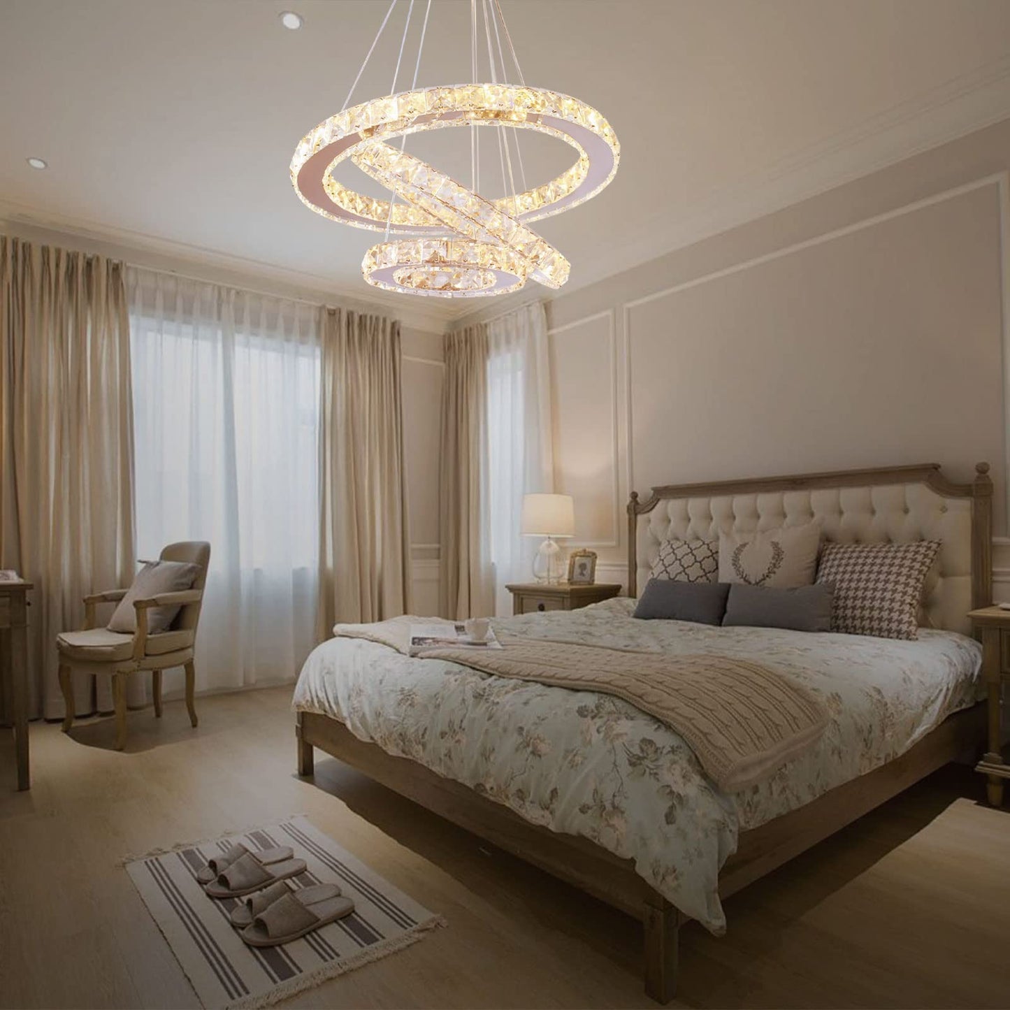 diisunbihuo Dimmable LED Chandelier Pendant Light, 3 Rings, Adjustable, Stainless Steel, Silver, Model 234-Dimmable