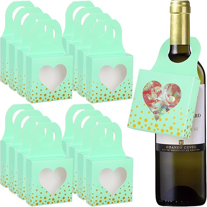 ISKYBOB 25 Pieces Wine Bottle Box with Window, Kraft Paper Wine Boxes for Gifts Hanging Wine Bottle Gift Box Foldable Wine Bottle Hanger Favor Box for Holding Candy Truffles Chocolate Cookies (Green)