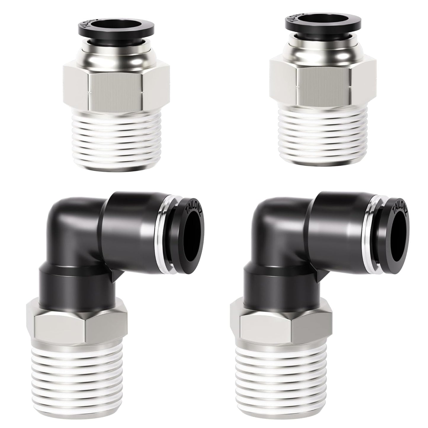 TAILONZ PNEUMATIC Elbow and Straight Combination 1/2 Inch Tube OD x 1/2 Inch NPT Thread Push to Connect Fittings PC-1/2-N4+PL-1/2-N4(Pack of 4)