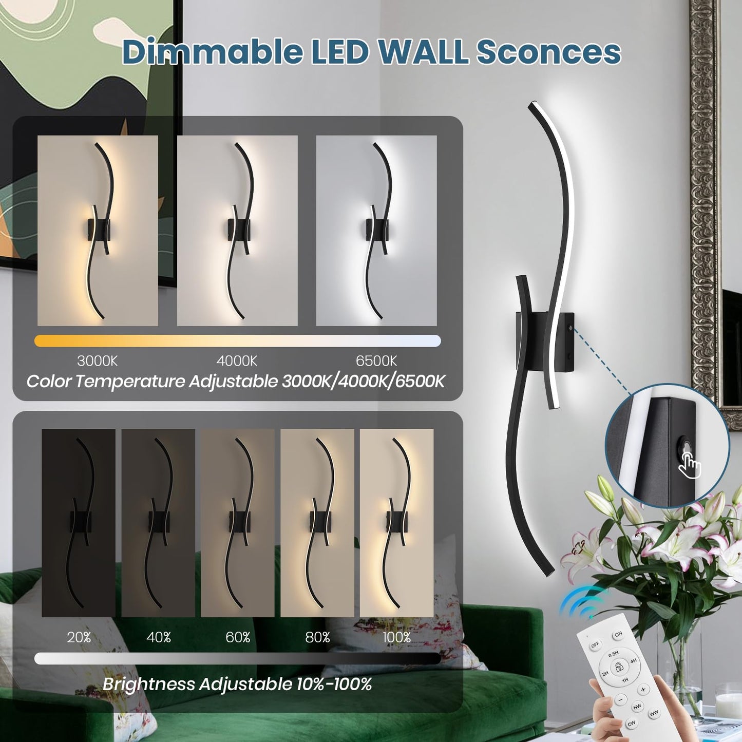 CANEOE Battery Operated Wall Sconce Set of 2, 18000mAh, Dimmable LED, 39.37 Inch, Black, Model WL-100SBL-DC