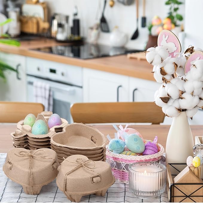 100 Pcs Easter Heart Shaped Eggs Cartons 3 Count Natural Paper Pulp Valentine Egg Cartons with Jute Rope Reusable Cardboard Storage Baskets Holder Tray for Kitchen Holiday Gifts Market Farm