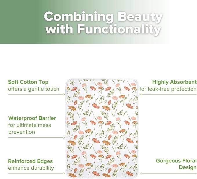 haakaa Waterproof Changing Pad Liners, 100% Cotton, Soft & Breathable (1pc, 19.5" x 27.5" Velvet Bloom)