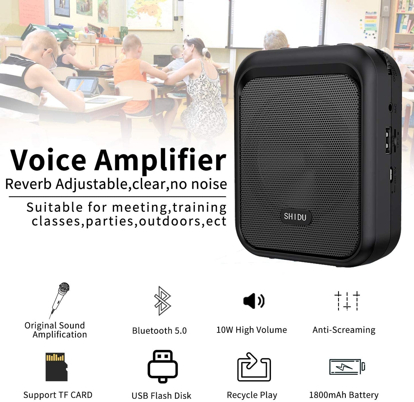 Shidu Mini Voice Amplifier Portable Rechargeable Bluetooth Speaker With Wired Microphone Headset 10W 1800Mah Pa System Supports