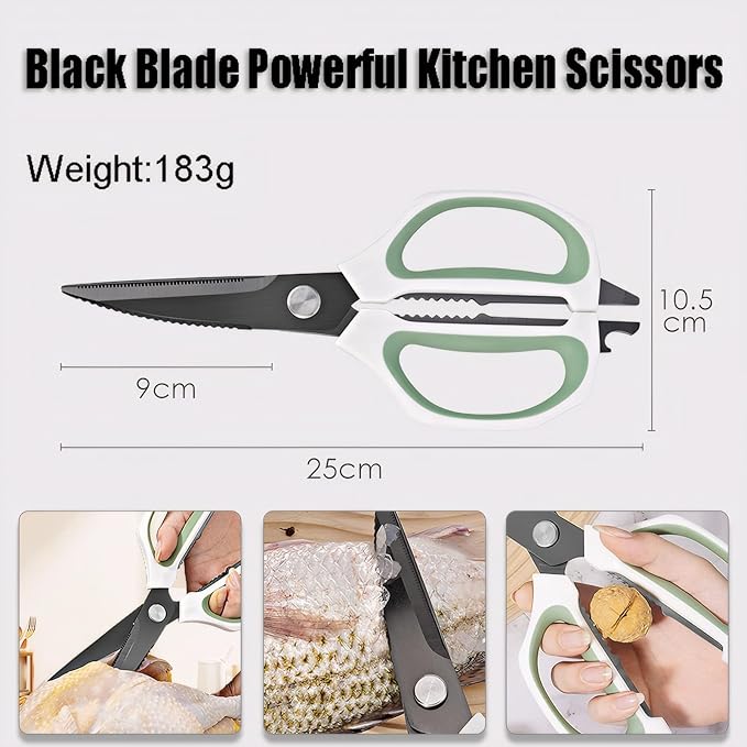 Jasni Transparent Handle Stainless Steel Sharp Powerful Kitchen Scissors Multi-Purpose Heavy Duty Food Scissors Kitchen Shears Chicken Poultry bone fish scales (Green white handle black blade)