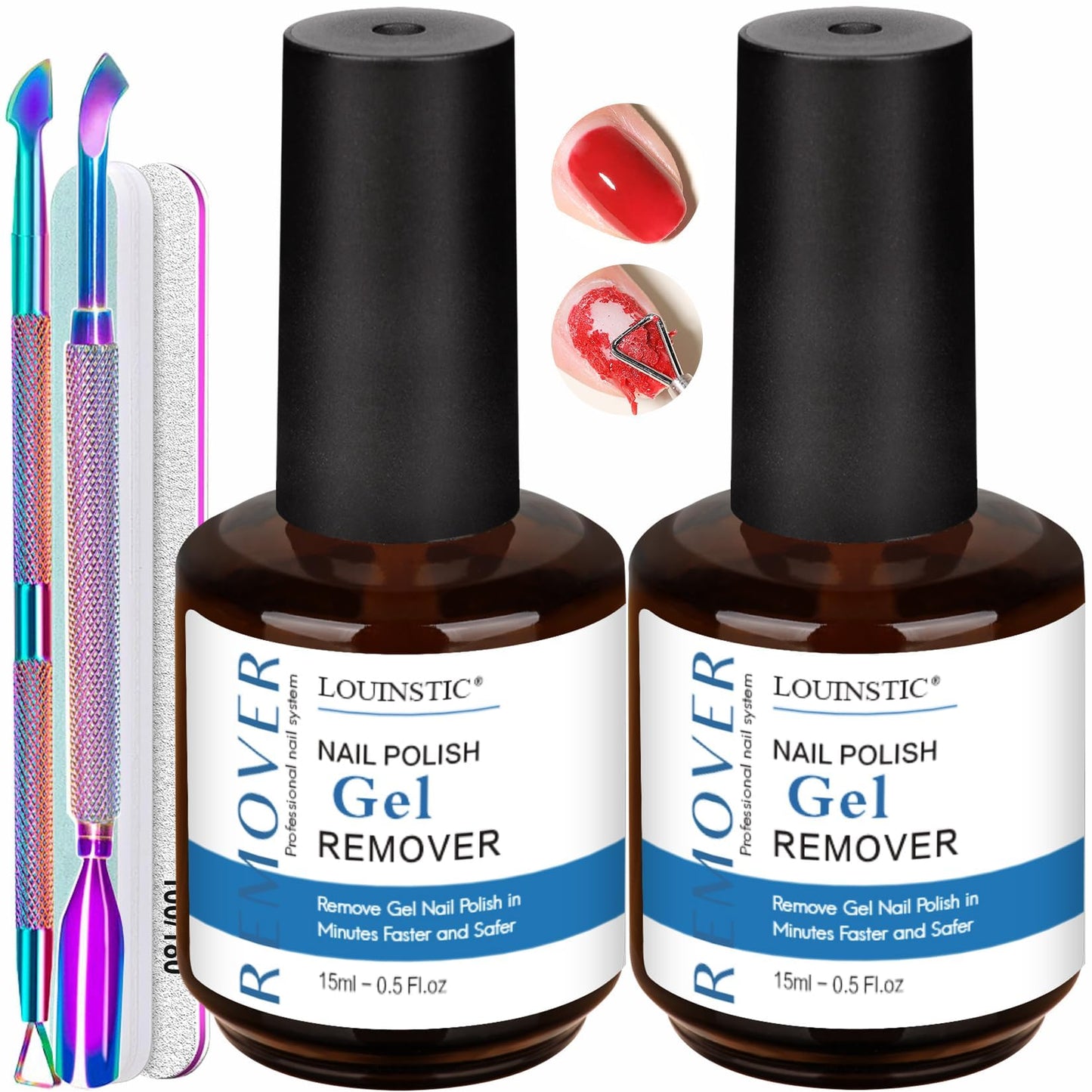 Gel Nail Polish Remover Kit - 2pcs (30ml) with Cuticle Pusher & Nail File - Fast & Gentle Gel Remover for Nails, No Soak or Foil