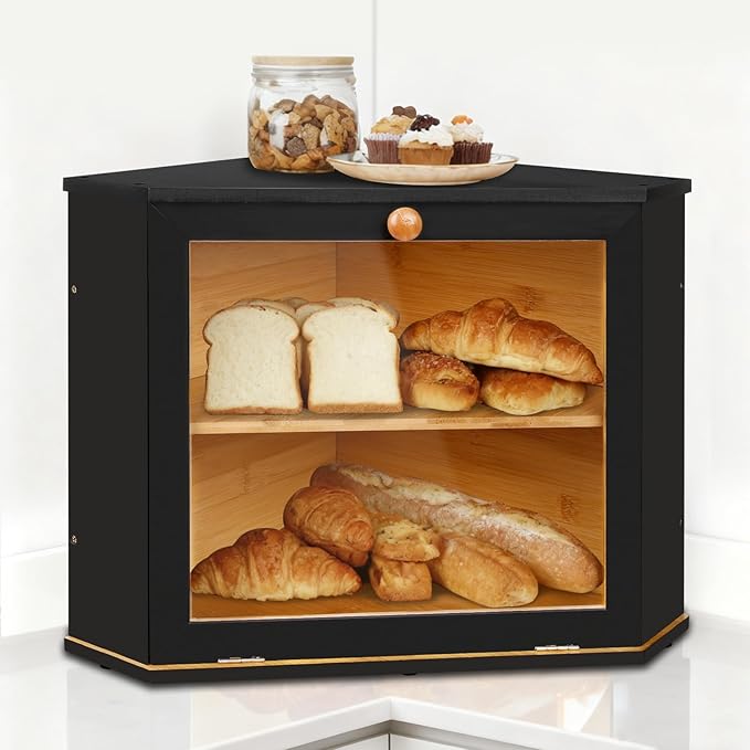 Bamboo Corner Bread Box for Kitchen Countertop, Black Bread Storage Box, Double-Layer Round Wooden Breadbox with Acrylic Transparent Window installed under cabinets, Store Various Foods and Items