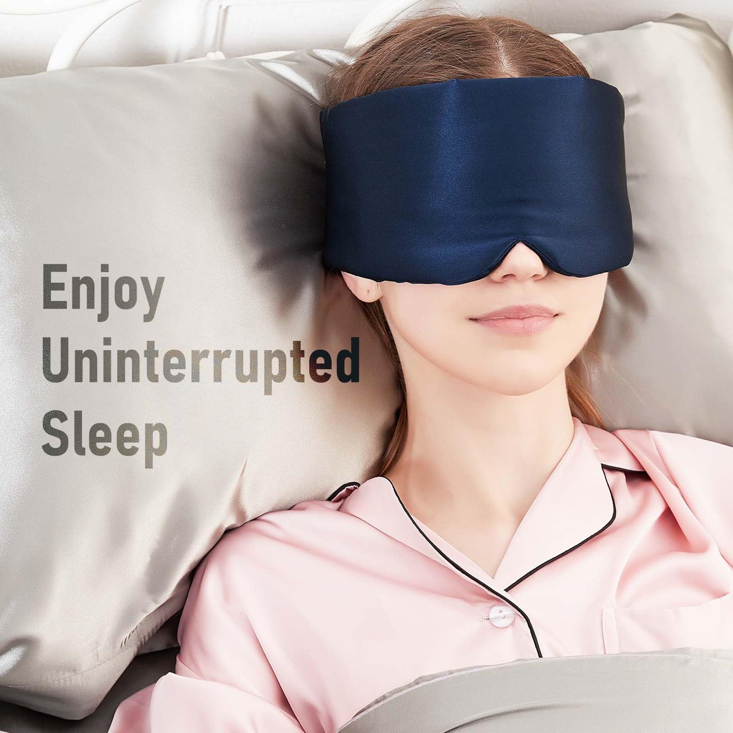 SOLZEK Nature Silk Sleeping Mask Soft Featherweight Eye Mask Large Wrap-Around Blindfold with Adjustable Velcro Blackout for Wild Sleeper Nose Cut (NavyBlue)
