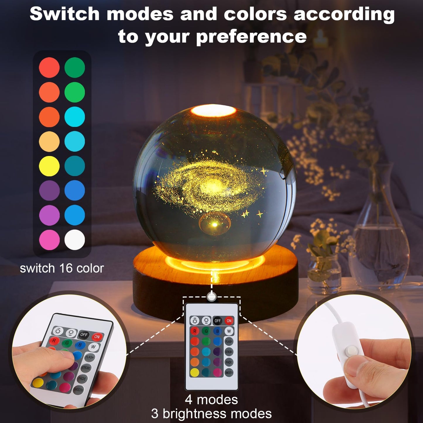 youglatt Galaxy Night Light Lamp, 3D Crystal Ball, 16 Color LED, Remote Control, Space Theme, Transparent Color, Model A6