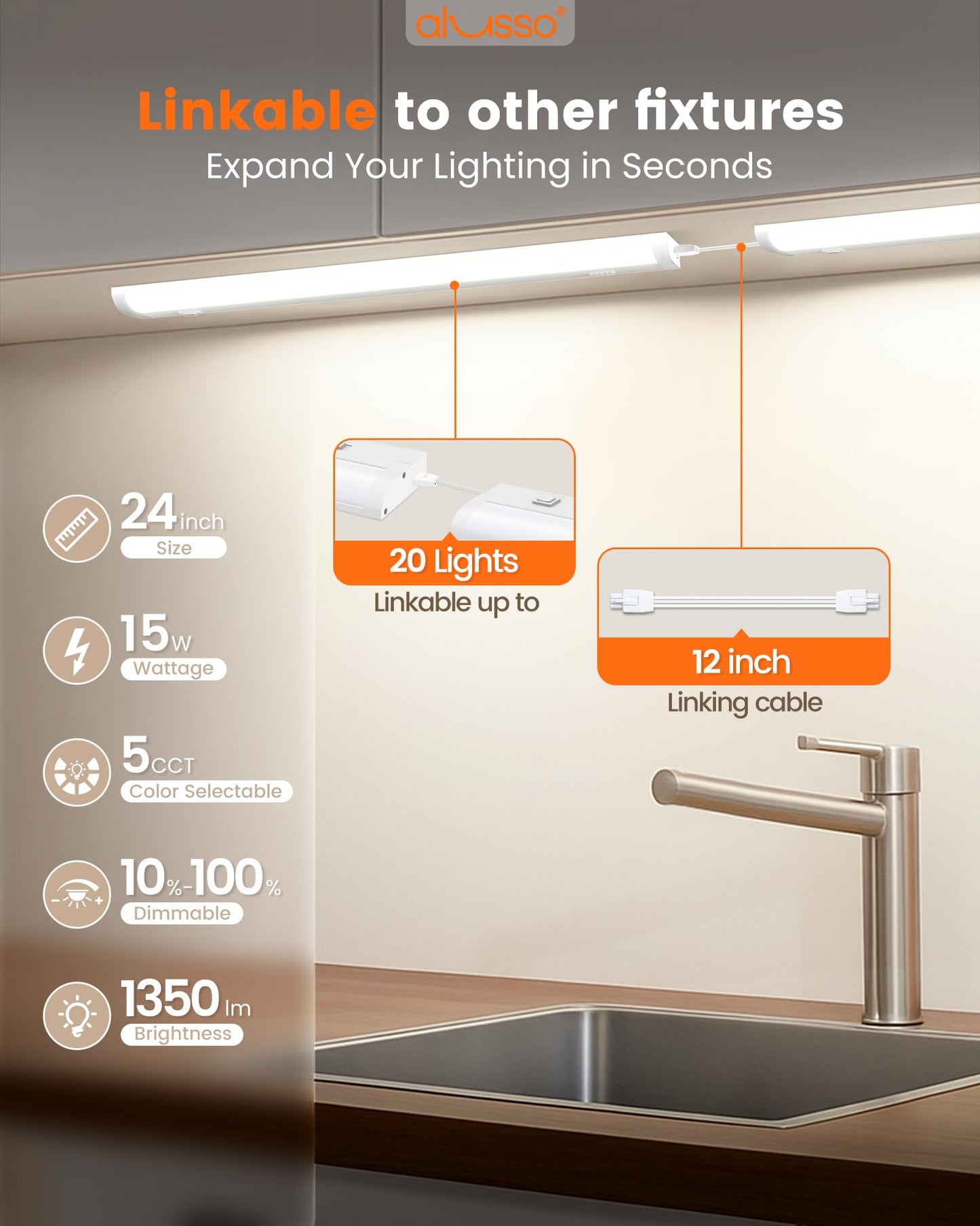 Alusso Lighting?24 Inch Led Under Cabinet Lighting Hardwired & Plug In  5Cct Color Selectable 2700K-5000K Dimmable 15W 1350Lm High Brightness  Linkable Strip Under Counter Lights For Kitchen  2 Pack
